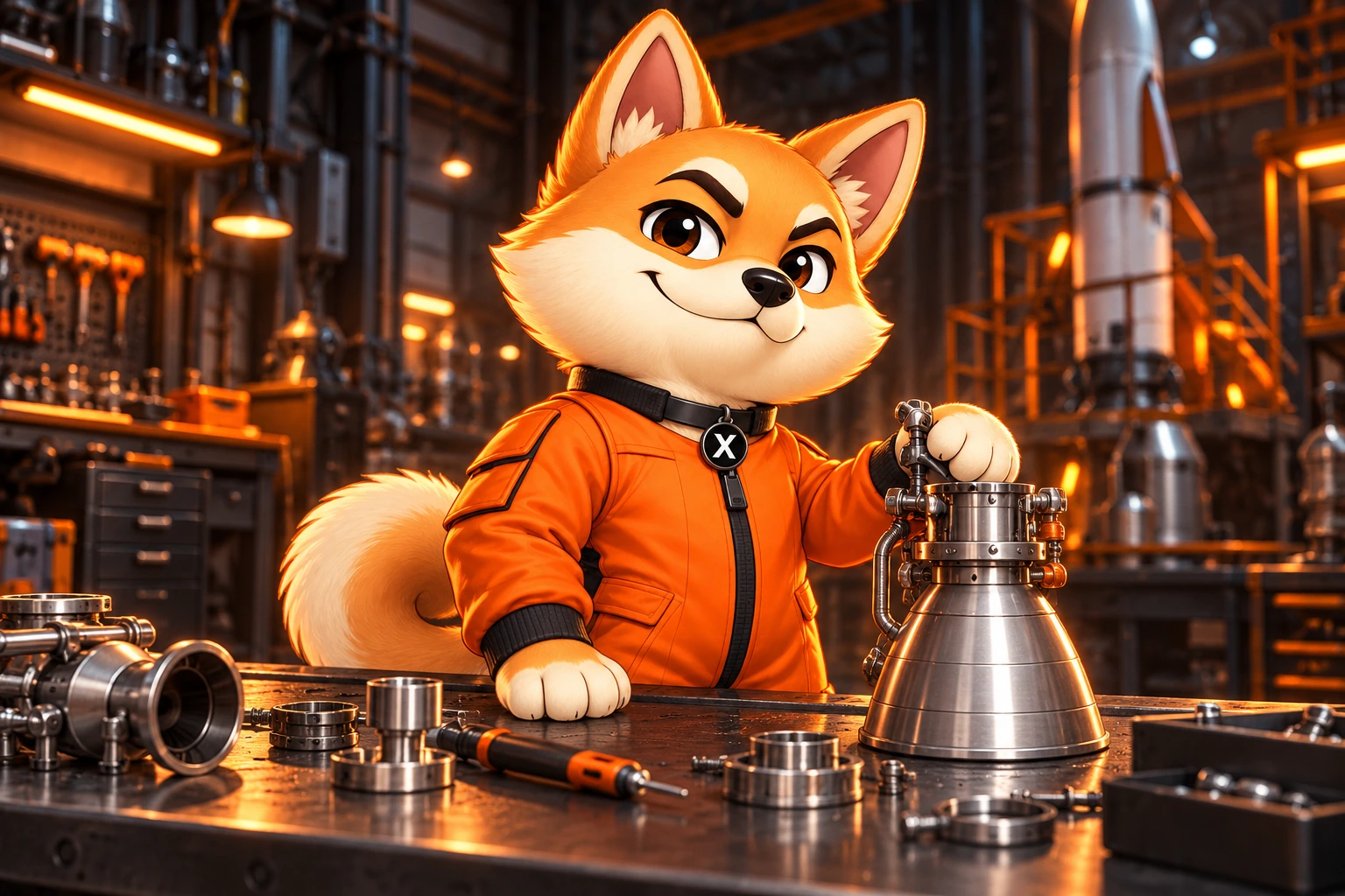X, $SI’s chief engineer, assembling a rocket engine in his workshop